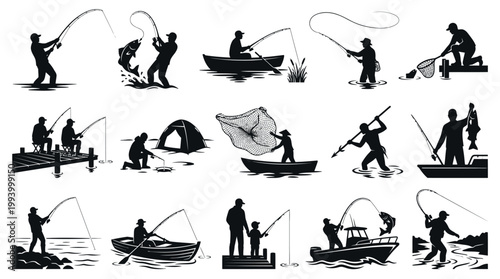 Black and white fishing icons, silhouettes of anglers, boats, and fish