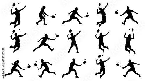 Badminton Player Silhouettes Set, Action Poses, Sport Vector Art