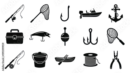 Fishing Equipment Black and White Glyph Icons Set - Tackle, Rods, Boats, Hooks and Tools