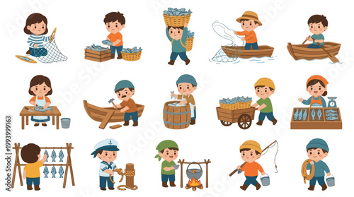 Cute Cartoon Fisherman Kids and Fishing Activities Flat Vector Illustration Set