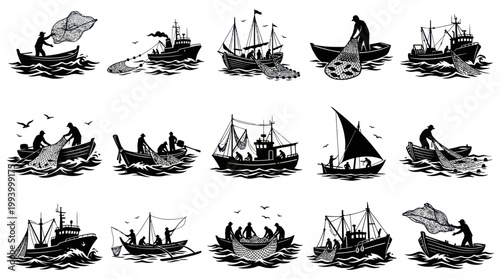 Vintage Fishing Boats and Fishermen with Nets, Black and White Line Art