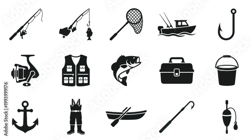 Fishing Industry Gear and Tools Black  White Glyph Icon Set
