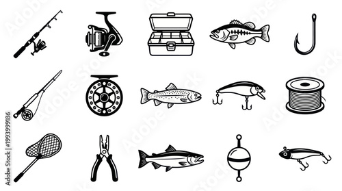 Fishing Equipment Icon Set - Black and White Line Art Vector