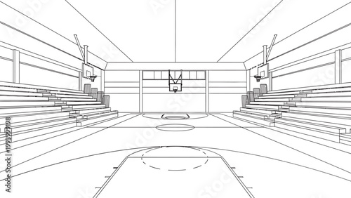 Sketch of a bowling alley a perspective view down the lane towards the pins and seating areas