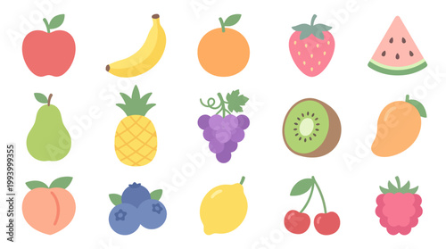 Flat Vector Icons of Assorted Fruits on White Background - Food  Drink