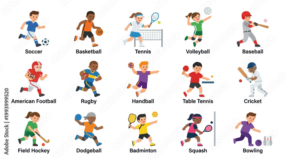 Fototapeta premium Flat Style Sports Illustrations for Kids: Soccer, Basketball, Tennis, Baseball, Badminton, Bowling, etc.