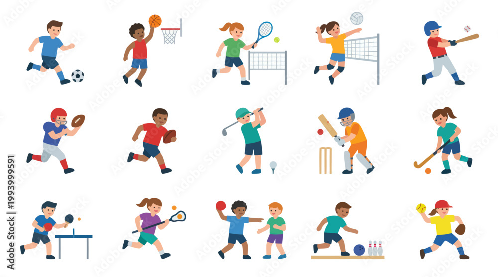 Fototapeta premium Flat Cartoon Kids Playing Sports Activities Set - Diverse Children Enjoying Different Games