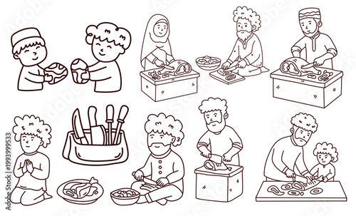 happy muslim families preparing fresh meat together