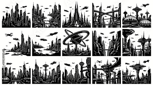 Futuristic Cityscape Black and White Line Art Vector Pack