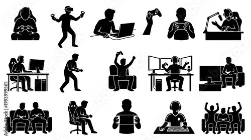 Gaming Glyph Icons Set: Esports Gamers Playing Video Games, VR, and Streaming Silhouettes