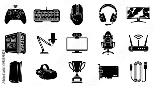 Gaming Equipment Glyph Icons Set. Esports Peripherals, Accessories  Hardware Black and White Vector
