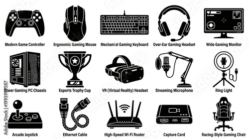 Gaming and Streaming Technology eSports Gear Icons Set - Black and White Glyphs