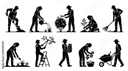 Black  White Gardeners Silhouettes Doing Various Tasks - Vector Art
