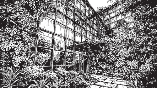 Dramatic black and white image of a building facade overtaken by lush creeping vegetation creating a striking contrast