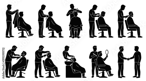 Men's Barbershop Haircutting and Shaving Silhouette Vector Glyphs Icon Set
