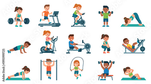 Children Exercising in Gym Flat Vector Illustration Set