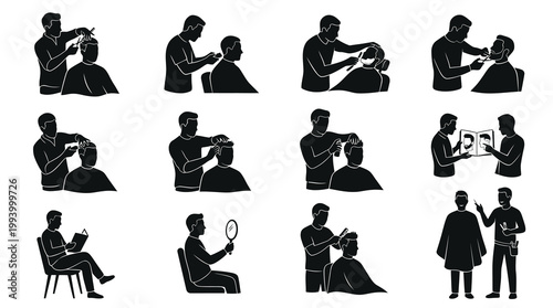 Black and White Icons of Barbershop Services and Client Interactions