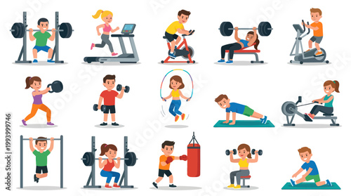 Flat Vector Illustration of Diverse People Exercising in a Gym Setting