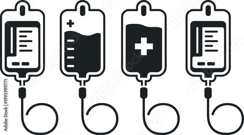 vector illustration of medical IV drip bags with healthcare symbols and fluid levels on a white background