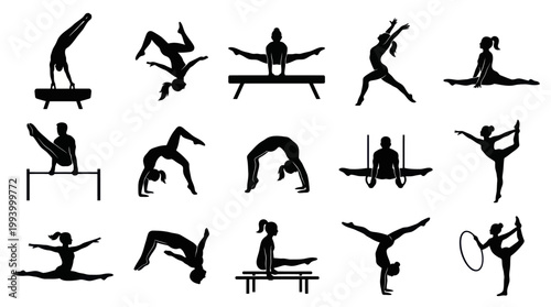 Gymnastics Sport Athletes Silhouettes Vector Set: Various Poses and Equipment Icons