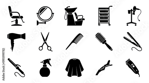 Hair Salon Hairdressing Tools and Equipment Glyph Icons Set