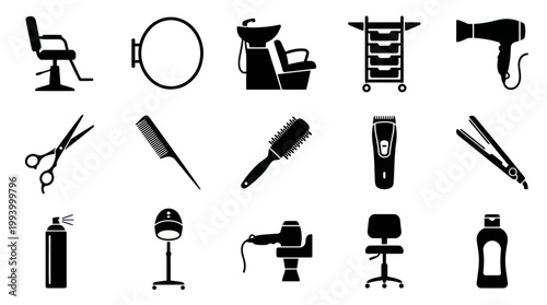 Hairdressing Salon and Barber Shop Tools Black White Glyph Icons Set