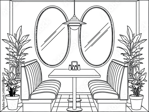 Elegant interior design sketch a symmetrical dining arrangement with ornate mirrors and chairs