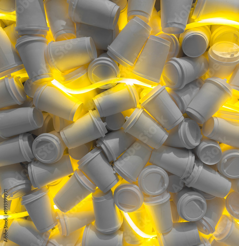 Stylish pattern of white coffee cups with warm yellow neon lighting. Modern cafe concept, trendy background for branding, packaging and creative design.