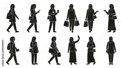 Silhouette Muslim Women Hijab Standing Walking Poses Vector Art