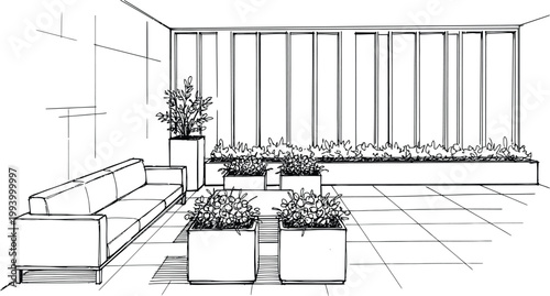 Architectural sketch of an interior courtyard with plants and seating