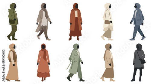Flat Vector Illustration of Diverse Muslim Women in Modern Modest Fashion Outfits and Hijabs