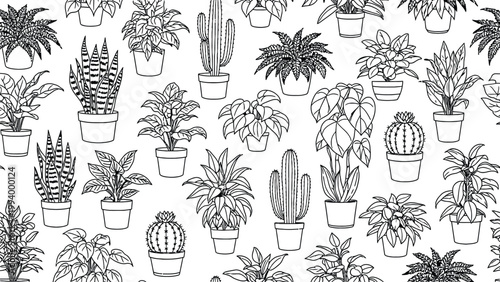 Botanical seamless pattern a dense arrangement of potted indoor plants in black and white
