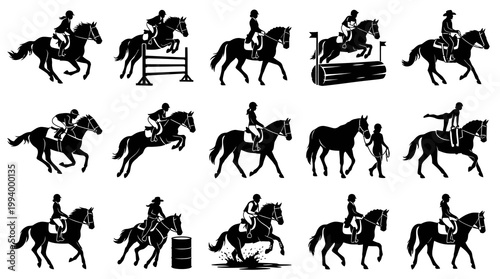 Black and White Silhouette of Horse Riding and Equestrian Sports