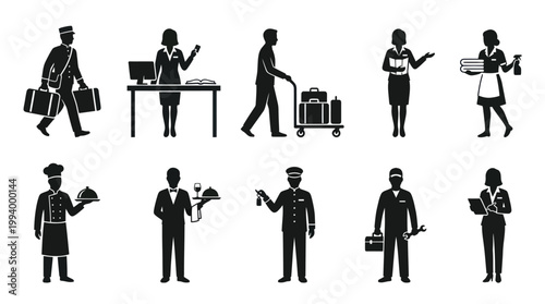 Hotel Staff Professions Glyph Icons Set - Hospitality Industry Occupations