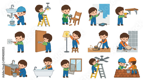 Flat Cartoon Handyman Characters Doing Home Improvement, Repair  Maintenance Tasks Set