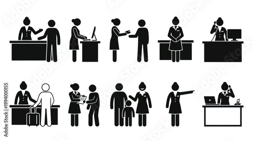 Hotel Receptionist Icons: Black and White Glyphs of Staff and Guests