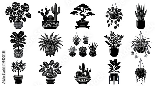 Black and White Line Art of Various Potted Plants and Cacti