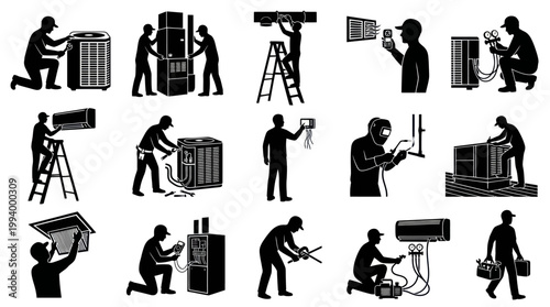 HVAC Technicians and Air Conditioning Service Silhouette Icons Set - Heating Repair Maintenance Vector