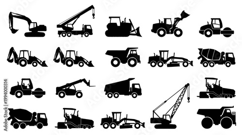 Black and White Construction Vehicles Icons Set, Vector Glyph Art