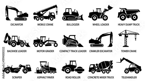 Construction Equipment Icons: Excavator, Crane, Truck, Bulldozer, Loader, Tractor, Paver