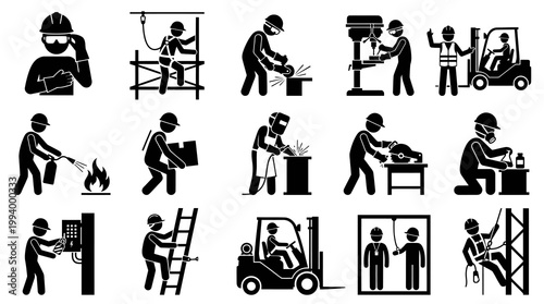 Industrial Workplace Safety Vector Glyph Icons. Occupational Health and Safety Pictograms.