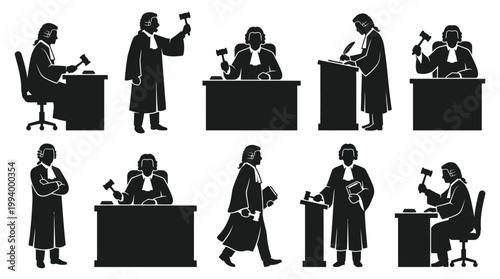 Legal Justice System Judges Black Silhouettes Vector Icon Set with Gavels