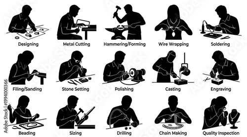 Jewelry Making Process Icons Set - Black and White Silhouette Vector Art