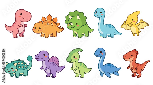 Cute Cartoon Dinosaurs Set Flat Vector Illustration for Children's Education  Entertainment