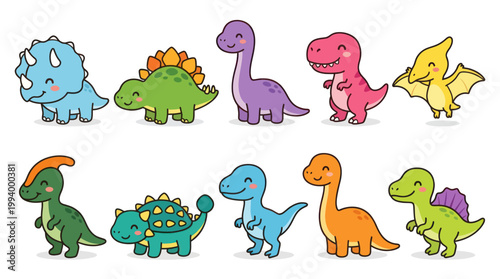 Adorable Cartoon Dinosaurs Vector Set for Kids. Cute Prehistoric Animal Collection for Education.