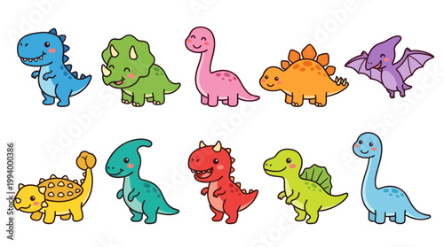 Cute Cartoon Dinosaurs Vector Illustration Set for Children's Design.