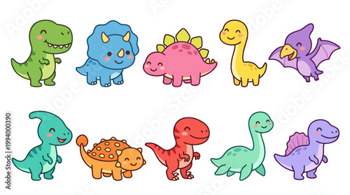 Children's Content: Cute Cartoon Vector Illustration of Various Dinosaur Characters