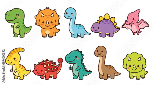 Cute Cartoon Dinosaurs Characters Flat Vector Set for Kids and Children's Design