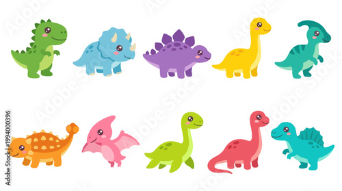 Cute cartoon dinosaurs, flat illustration, children's book style