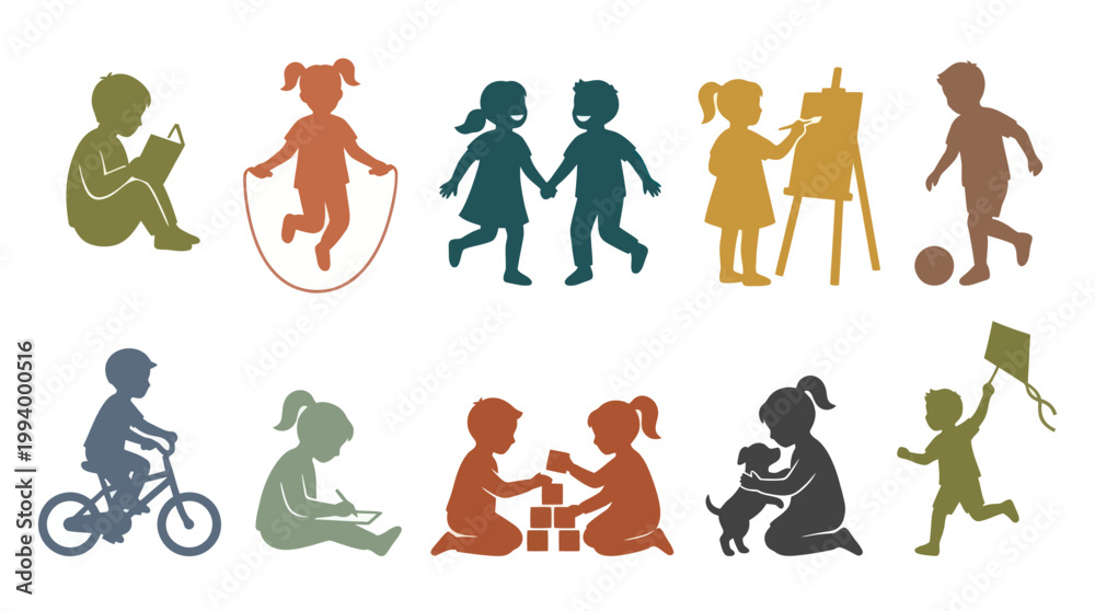 Obraz premium Kids playing icons: children activities, sports, and art, vector silhouettes